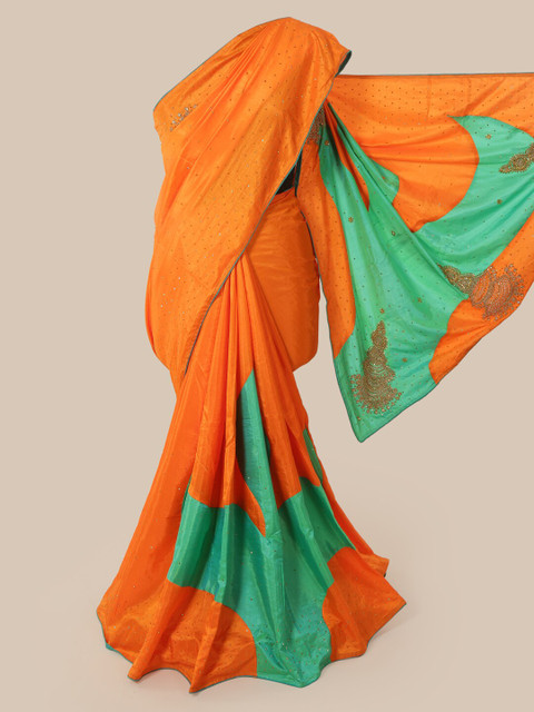 

Pothys Orange & Green Embellished Beads and Stones Art Silk Saree
