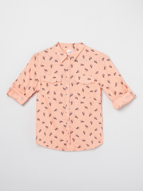 

max Girls Peach-Coloured & Brown Regular Fit Printed Casual Shirt