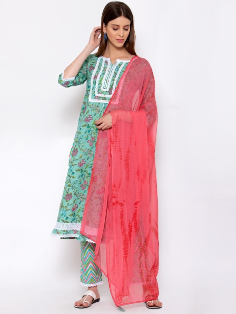 

Yuris Women Sea Green Pure Cotton Kurta with Trousers & With Dupatta