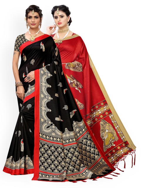 

KALINI Pack Of 2 Orange & Black Ethnic Motifs Art Silk Sarees