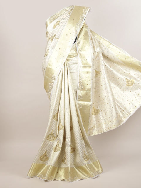 

Pothys Off White Ethnic Motifs Sequinned Pure Silk Kanjeevaram Saree