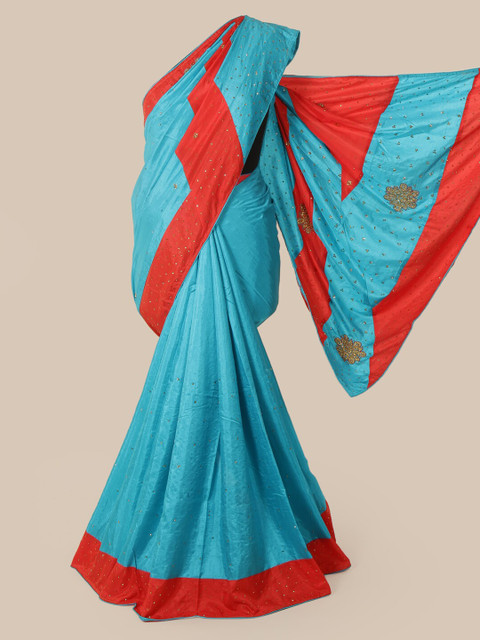

Pothys Blue & Red Colourblocked Beads and Stones Art Silk Heavy Work Saree