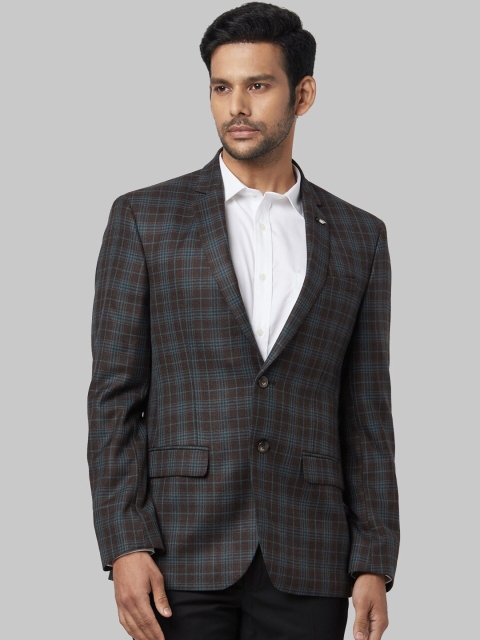 

Park Avenue Men Beige & Blue Checked Single-Breasted Formal Blazer, Brown