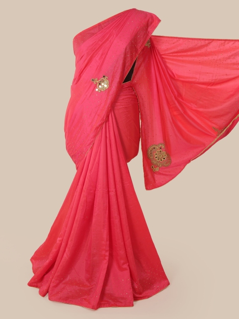 

Pothys Pink & Gold Ethnic Motifs Beads and Stones Art Silk Saree