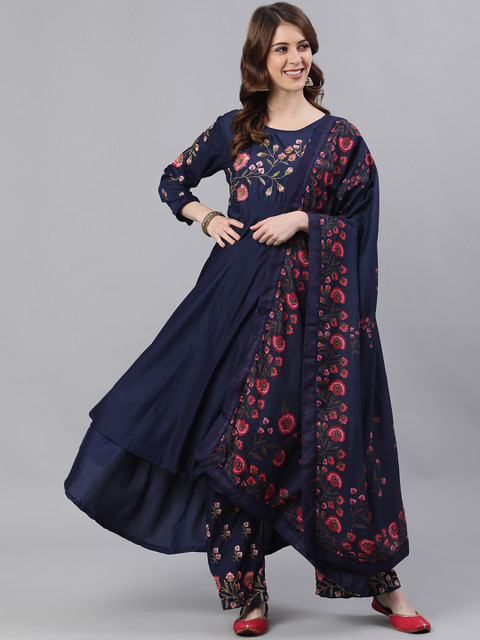 

Ishin DESIGNER STUDIO Women Navy Blue Floral Yoke Design Empire Pure Silk Kurti with Trousers & With Dupatta