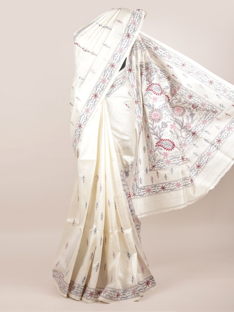 

Pothys Off White Ethnic Motifs Embroidered Pure Silk Heavy Work Tussar Saree