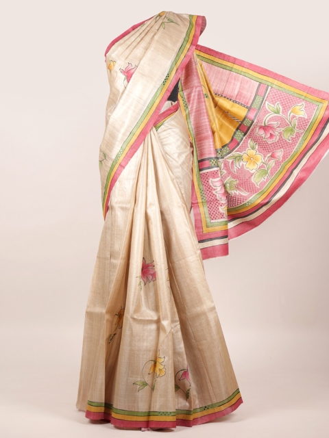 

Pothys Cream Floral Pure Silk Tussar Saree