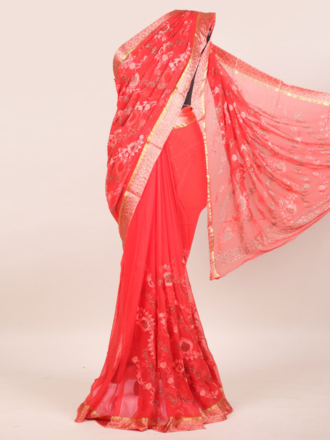 

Pothys Pink & Gold Floral Beads and Stones Pure Chiffon Saree