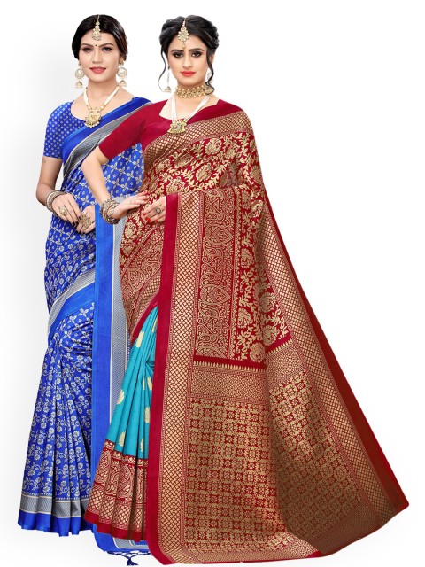 

KALINI Pack Of 2 Blue & Red Ethnic Motifs Zari Art Silk Saree
