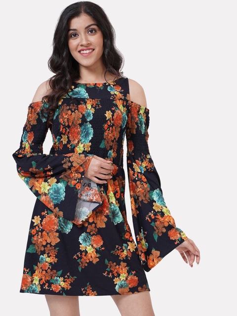 

SHECZZAR Navy Blue & Orange Floral A-Line Dress