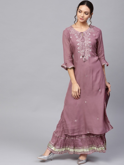 

Ishin DESIGNER STUDIO Women Mauve Embroidered Kurta with Skirt & With Dupatta