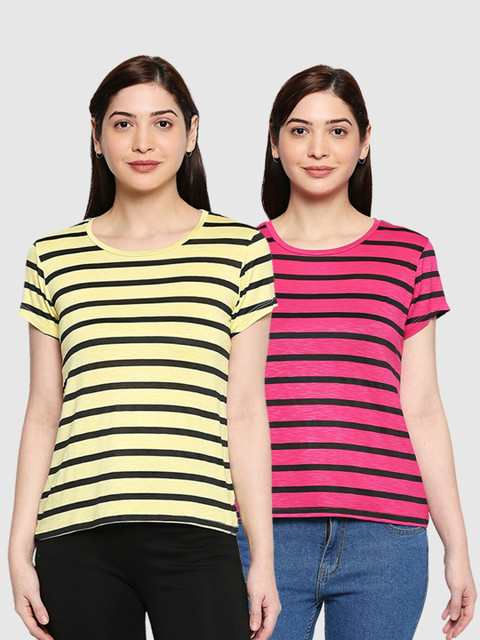 

inocenCia Women Yellow & Pink 2 Striped T-shirts