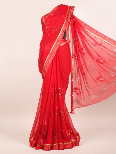 

Pothys Red & Off White Embellished Beads and Stones Pure Chiffon Saree
