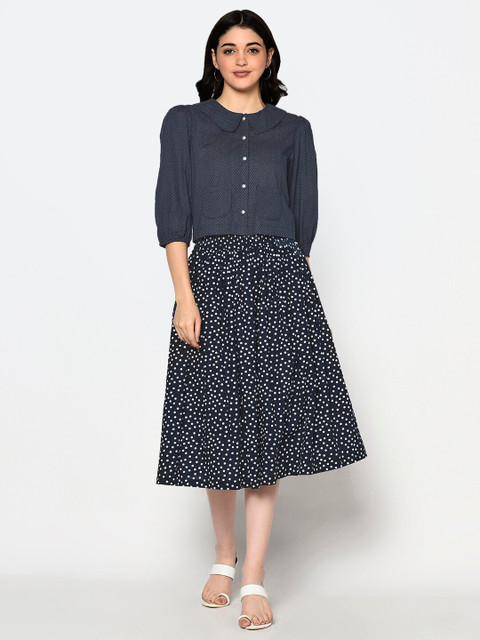 

BLANC9 Women Navy Blue & White Printed Cotton Top with Skirt