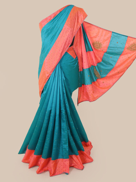 

Pothys Blue & Pink Checked Beads and Stones Art Silk Saree