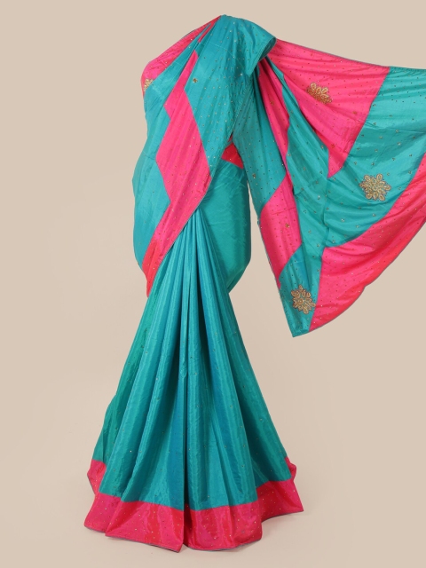 

Pothys Blue & Pink Colourblocked Beads and Stones Art Silk Saree