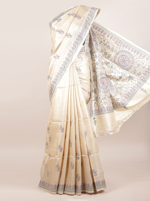 

Pothys Cream Ethnic Motifs Pure Silk Tussar Saree