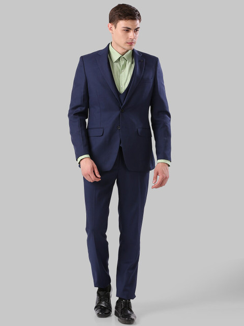 

Raymond Men Blue Solid Single-Breasted 3-Piece Formal Suit, Navy blue