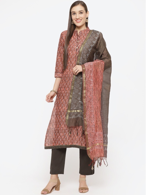 

Biba Coral Pink & Brown Printed Art Silk Unstitched Dress Material