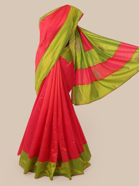 

Pothys Pink & Green Checked Beads and Stones Art Silk Saree