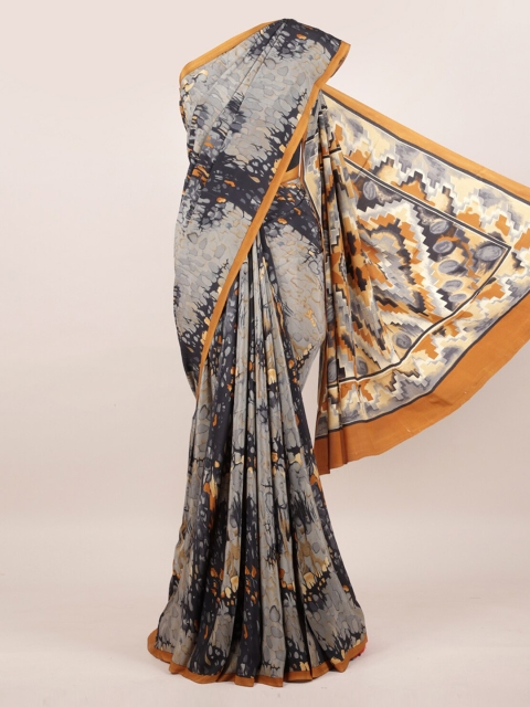 

Pothys Grey & Mustard Floral Pure Crepe Saree