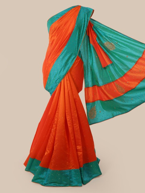 

Pothys Orange & Green Checked Beads and Stones Art Silk Saree