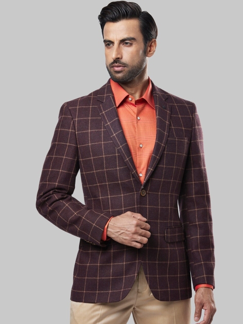 

Raymond Men Maroon & Beige Checked Single-Breasted Formal Blazer