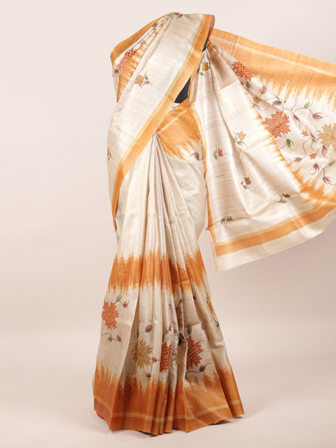 

Pothys White & Brown Floral Pure Silk Tussar Saree