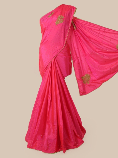 

Pothys Pink & Green Embellished Beads and Stones Art Silk Heavy Work Saree