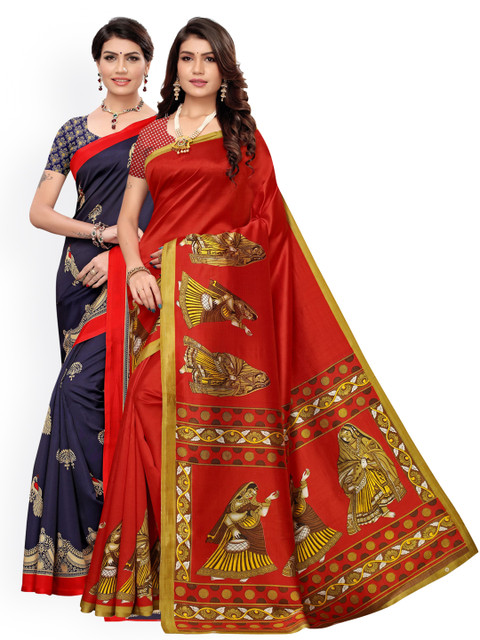 

KALINI Pack of 2 Red & Blue Printed Embroidered Art Silk Saree