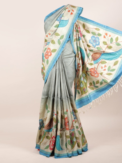 

Pothys Grey & Cream Floral Patchwork Pure Silk Tussar Saree
