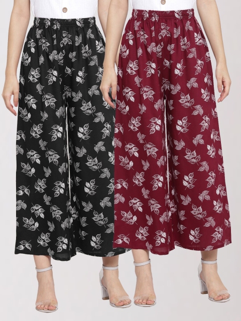 

KLOTTHE Women Black & Maroon Pack of 2 Floral Printed Palazzos