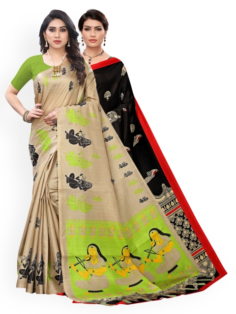 

KALINI Pack Of 2 Beige & Black Ethnic Motifs Zari Art Silk Sarees