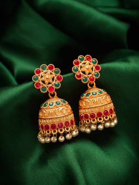 

Aadita Gold-Toned & Red Dome Shaped Jhumkas