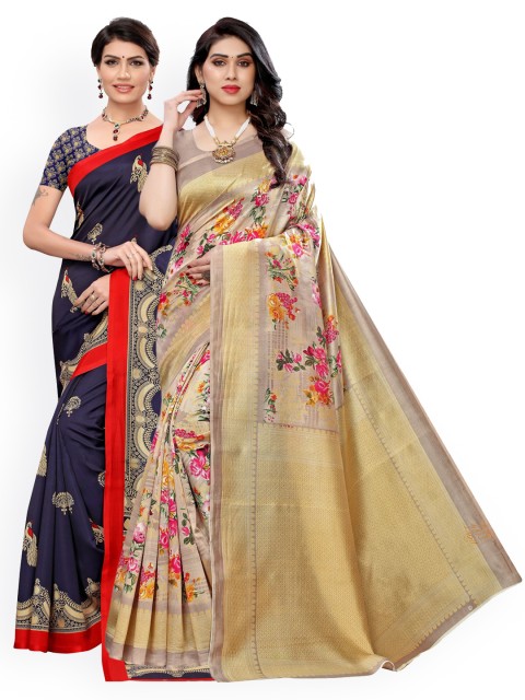 

KALINI Pack Of 2 Beige & Navy Blue Ethnic Motifs Zari Art Silk Sarees
