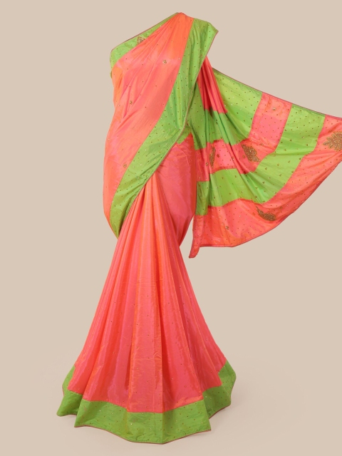 

Pothys Peach & Green Beads and Stones Art Silk Heavy Work Saree