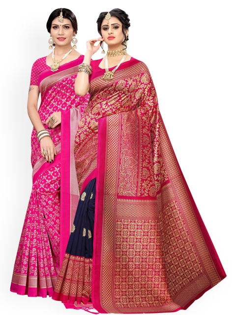 

KALINI Pack of 2 Pink & Navy Blue Woven Design Art Silk Saree