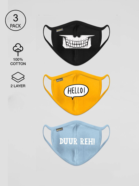 

Bewakoof Unisex Pack of 3 Printed 2-Ply Pure Cotton Reusable Cloth Masks, Black