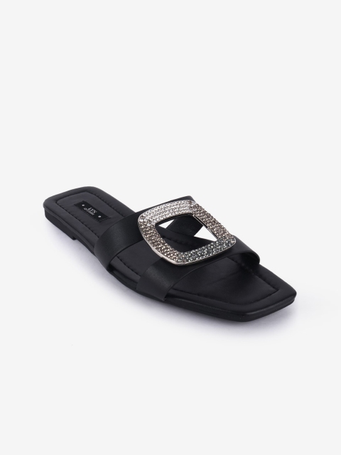 

LYN Women Black & Silver-Toned Embellished Open Toe Flats