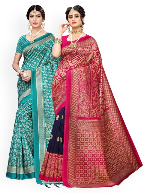 

KALINI Pack Of 2 Sea Green & Pink Ethnic Motifs Zari Art Silk Sarees