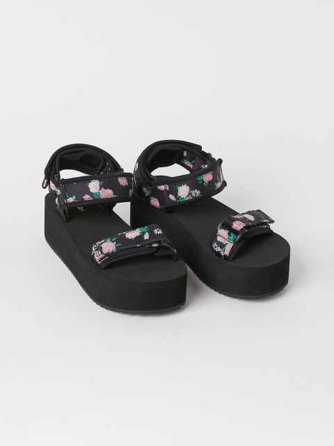 

H&M Women Black Floral Printed Platform Sandals