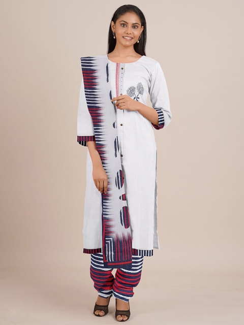 

Pothys Women White & Navy Blue Printed Unstitched Dress Material