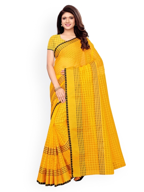 

KALINI Yellow & Black Checked Silk Cotton Chanderi Saree