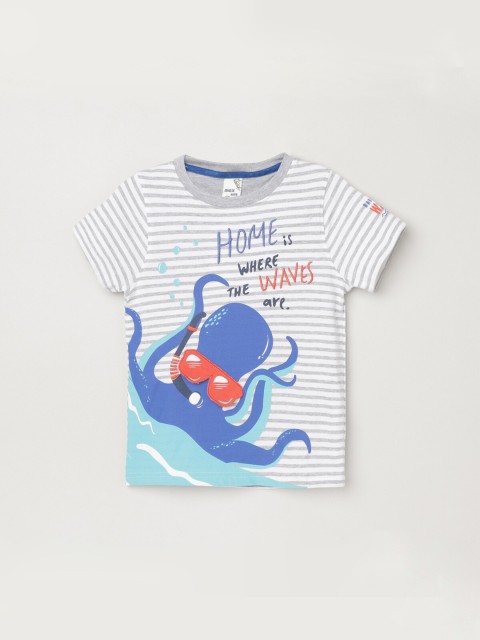 

max Boys Grey & Blue Printed Applique T-shirt