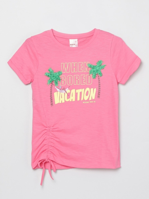 

max Girls Pink Typography Printed T-shirt with Tie-Up Detailing