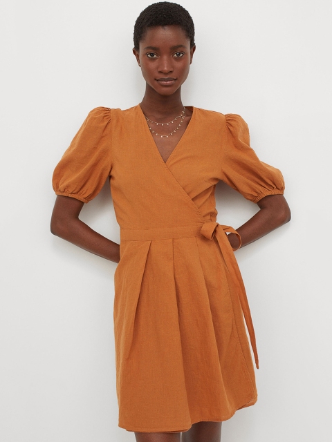 

H&M Brown Solid Linen-Blend Wrapover Belted Dress