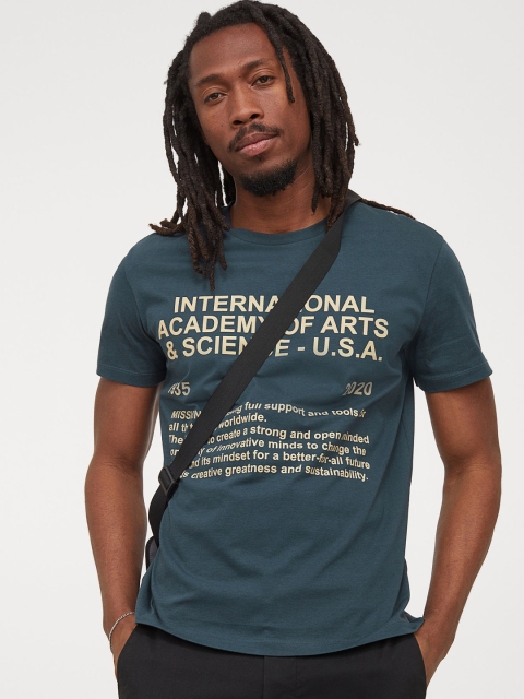 

HM Men Teal Blue Printed Pure Cotton T-shirt With A Motif