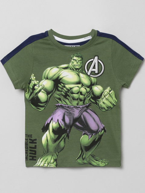 

max Boys Olive Green Hulk Printed T-shirt