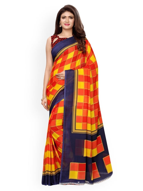 

KALINI Navy Blue & Orange Checked Pure Georgette Saree