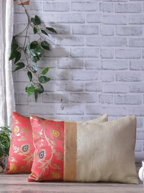 

Rangdesi Olive Green & Red Brocade Printed Cushion cover with Inserts-Set of 2